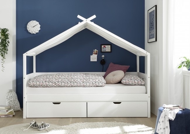 Huisbed kinderbed 90x200 cm grenenhout wit met 2 opberglades