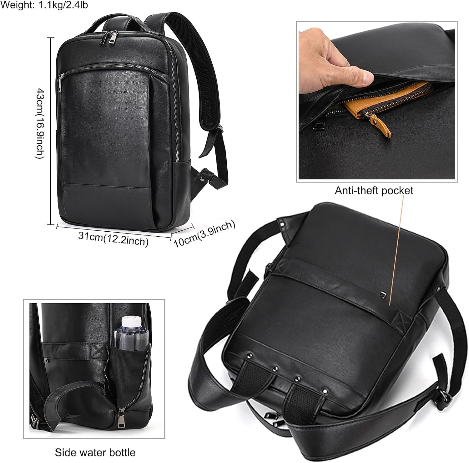 Heren rugzak echt leer voor laptop zakelijk reizen school outdoor | Zwart | Maat L | Met trolley mouw