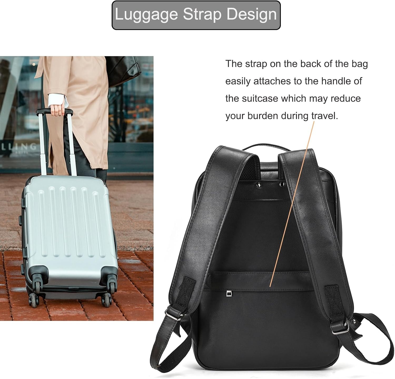 Heren rugzak echt leer voor laptop zakelijk reizen school outdoor | Zwart | Maat L | Met trolley mouw