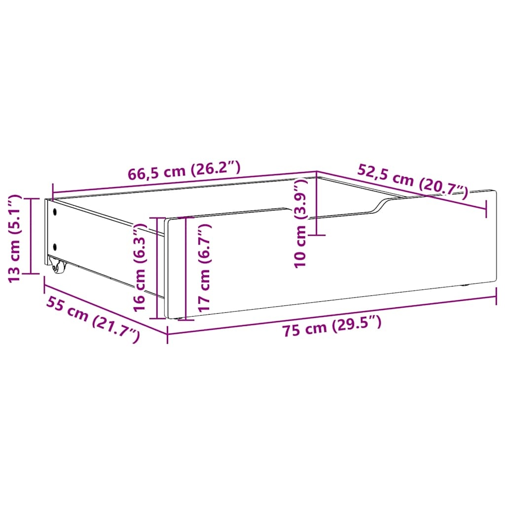 vidaXL Bedlades 2 st met wieltjes 75x55x16 cm massief grenenhout