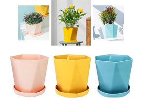 Set van 3 Kunststof Plantenpotten met Schotel (14,5 cm) - Roze, Geel, Blauw