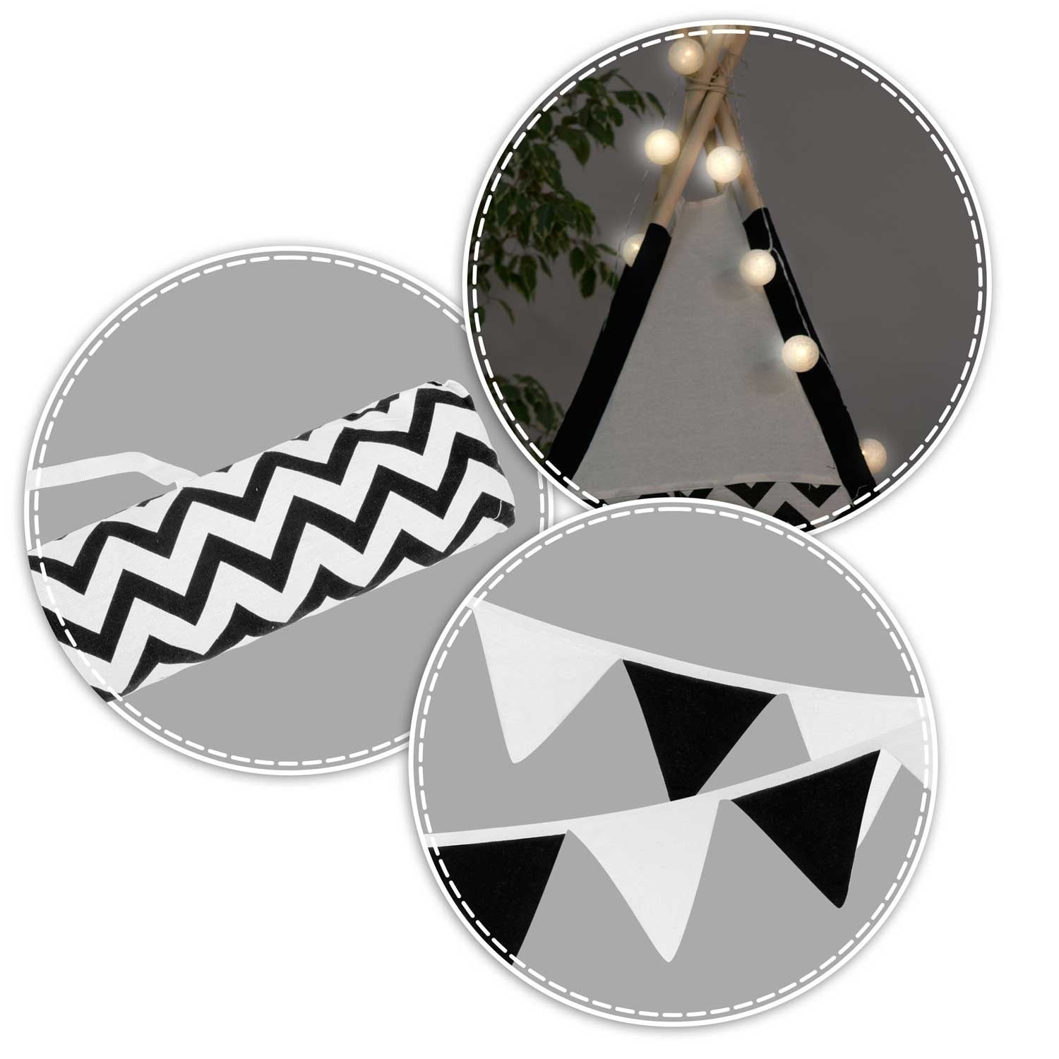 Tipi tent - Speeltent - Zwart en wit - met Kussens en Lampjes