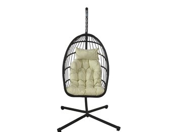 Inklapbare hangstoel egg chair - zwart - beige kussens