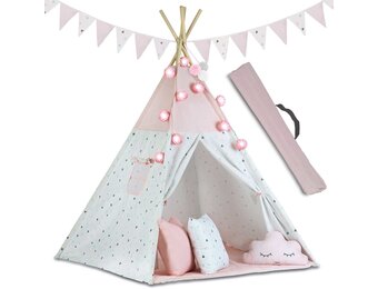 Tipi speeltent met licht & slingers – Roze