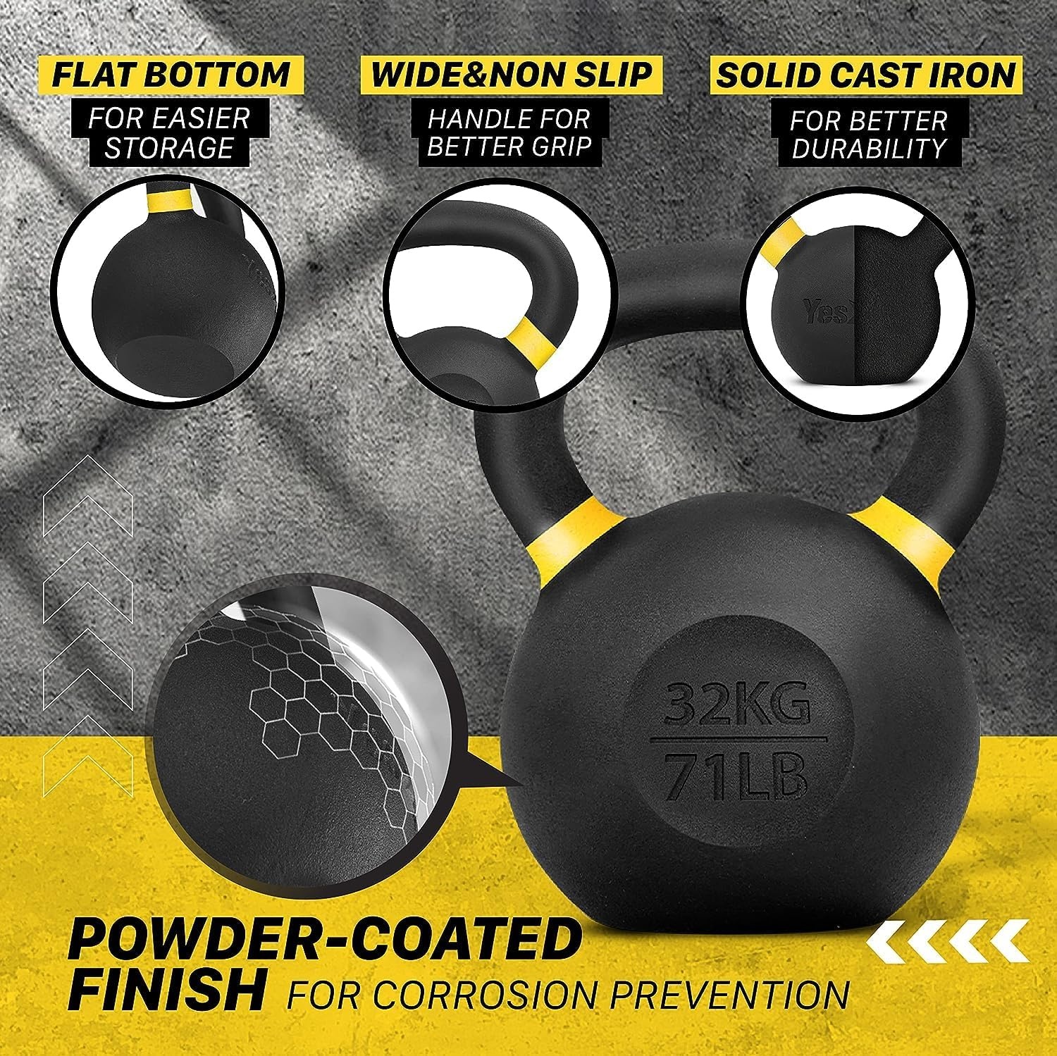 Yes4All Kettlebell van gietijzer met poedercoating, enkelvoudig, geel, 32 kg, krachttraining, kettlebells, gewichtenset voor training van het hele lichaam, thuisgym