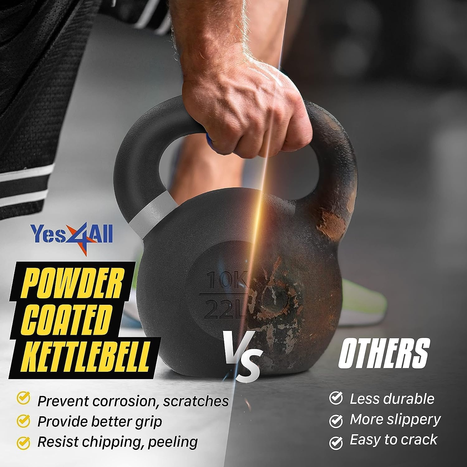 Yes4All Kettlebell van gietijzer met poedercoating, enkelvoudig, geel, 32 kg, krachttraining, kettlebells, gewichtenset voor training van het hele lichaam, thuisgym