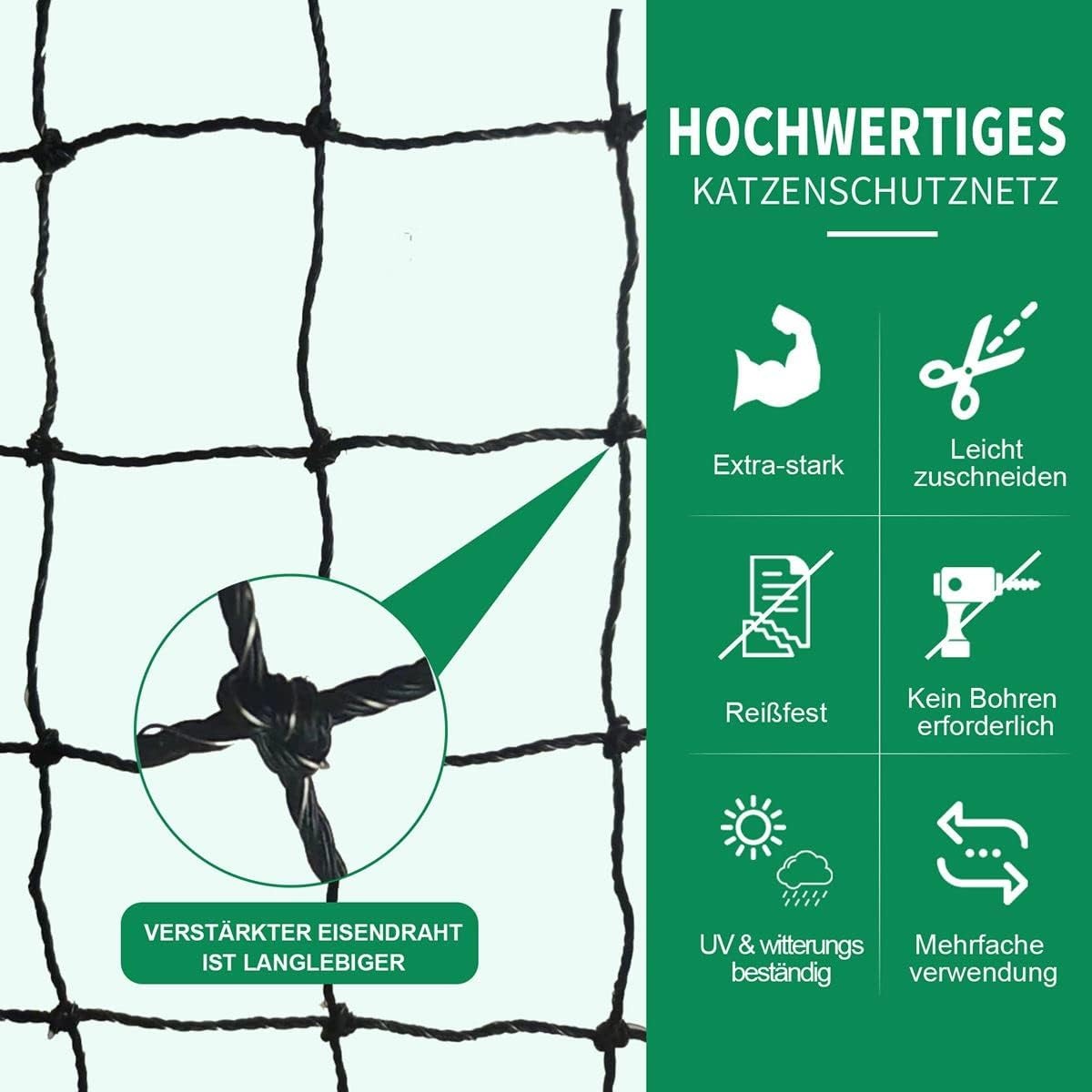 Kattennet voor Balkon & Raam - Staaldraad Versterkt - 6x3 meter - UV- Weer- Bijt- & Scheurbestendig HDPE - Zwart