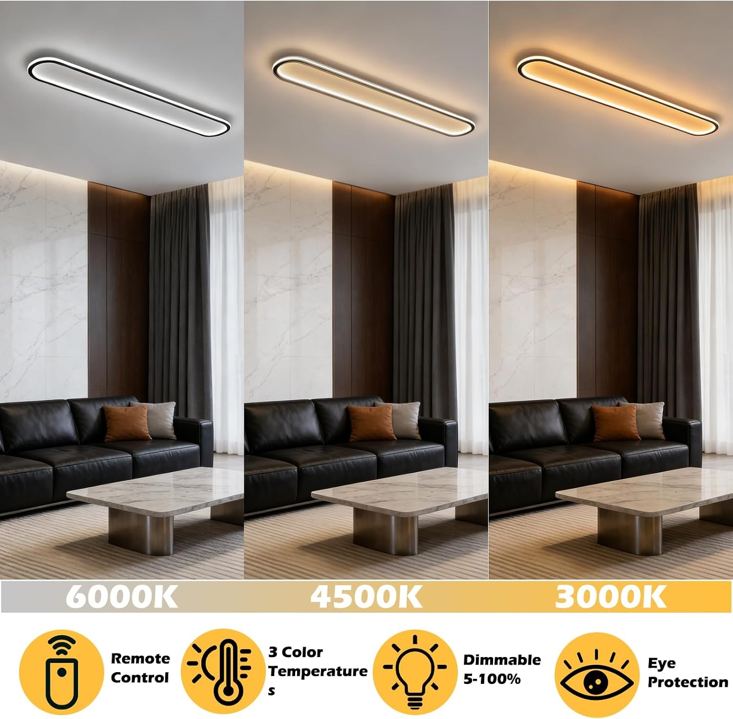 Dimbare LED-plafondlamp met afstandsbediening, moderne zwarte wandlamp binnen 2700K - 6500K warm wit natuurlijk wit koel wit, lange plafondlamp voor kantoor, eetkamer, woonkamer (120cm)