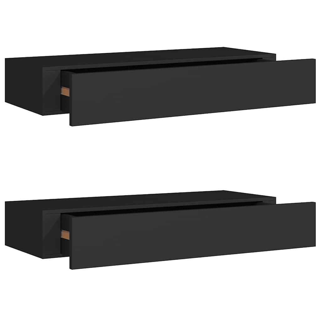 Zwarte Wandplanken met Lade (2 stuks) - MDF & Metaal - 60x23.5x10 cm