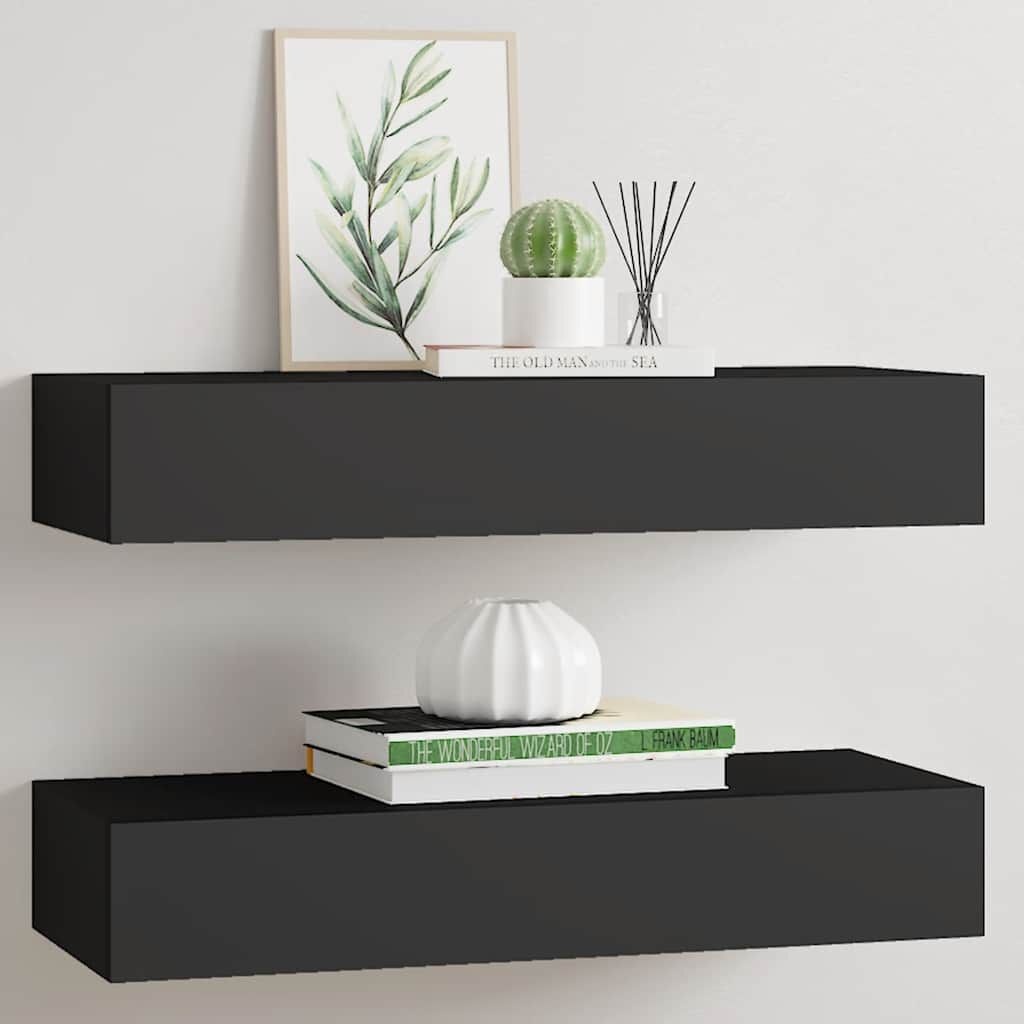 Zwarte Wandplanken met Lade (2 stuks) - MDF & Metaal - 60x23.5x10 cm