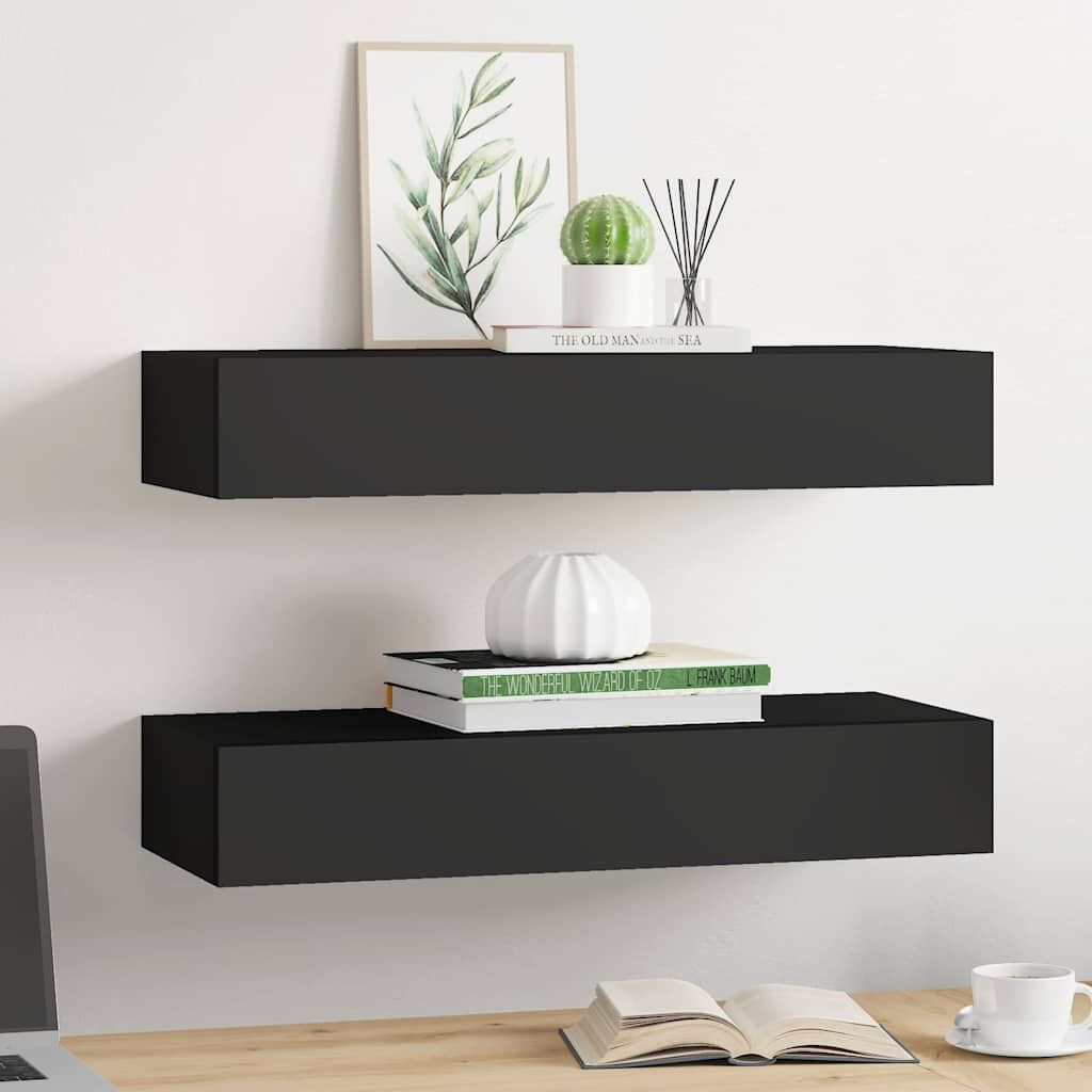 Zwarte Wandplanken met Lade (2 stuks) - MDF & Metaal - 60x23.5x10 cm