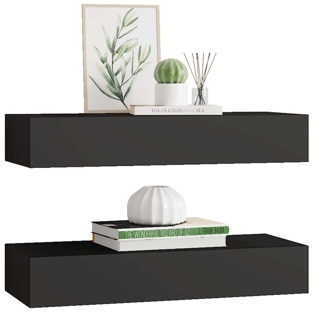 Zwarte Wandplanken met Lade (2 stuks) - MDF & Metaal - 60x23.5x10 cm