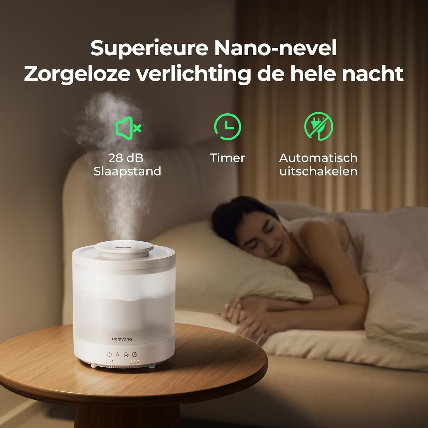 Luchtbevochtiger 1.8L Koele Nevel met Nachtlampje & Diffuser - 35% Korting!