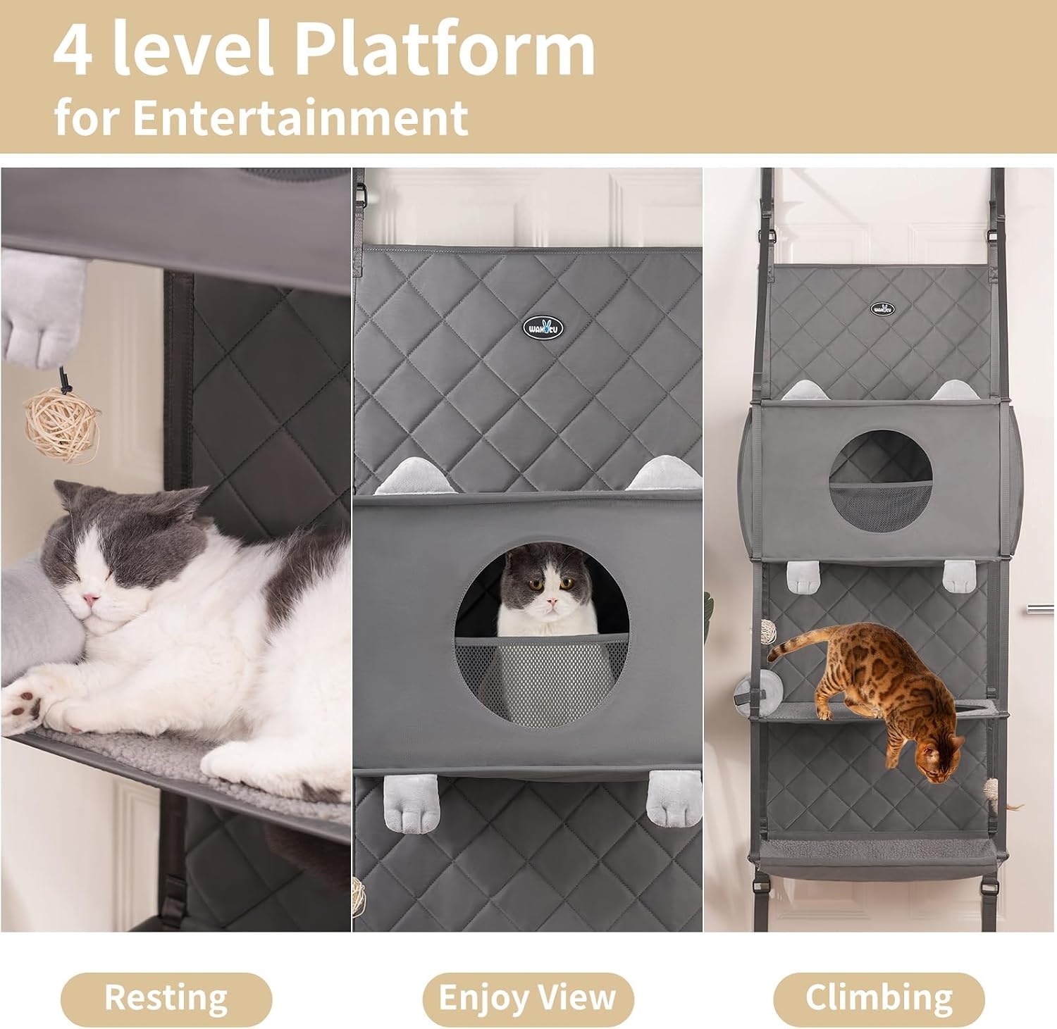 Ruimtebesparende Kattenkrabpaal Deurmontage 4 Niveaus met Hangmatbed - 34% Korting