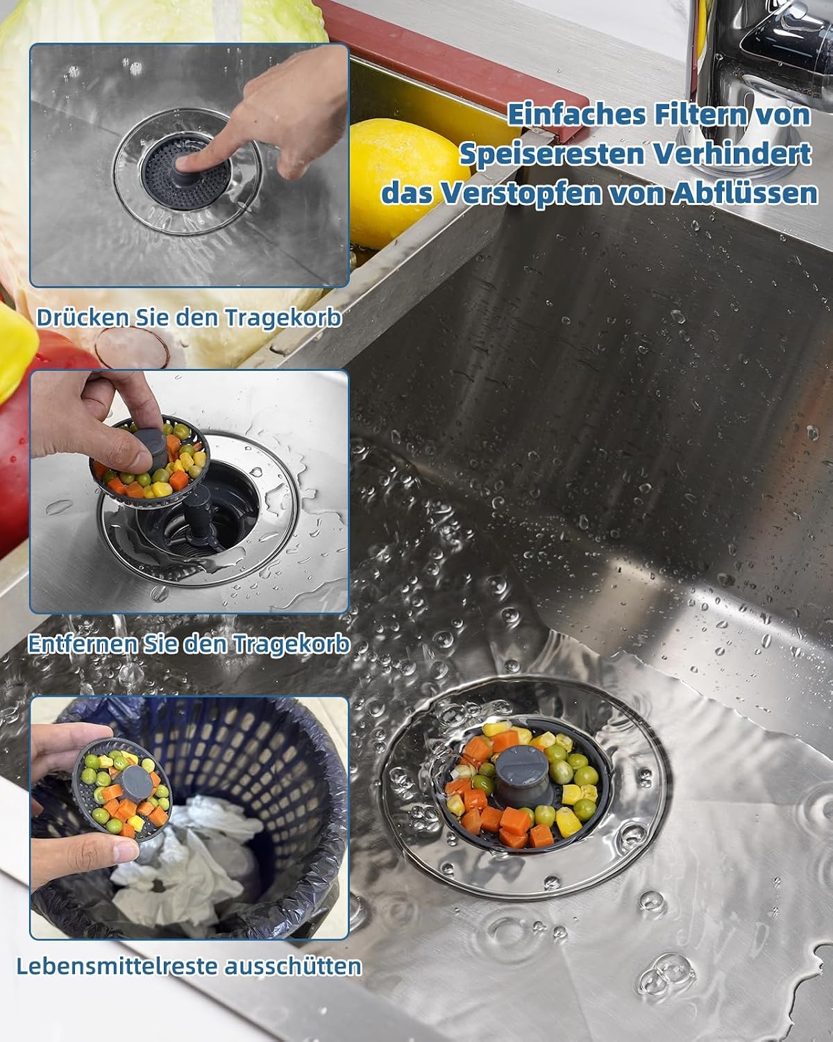 3-in-1 Keukengootsteen Stop voor Gootsteen 75-82mm | RVS & ABS | Stopfunctie, Zeef & Afvalmand