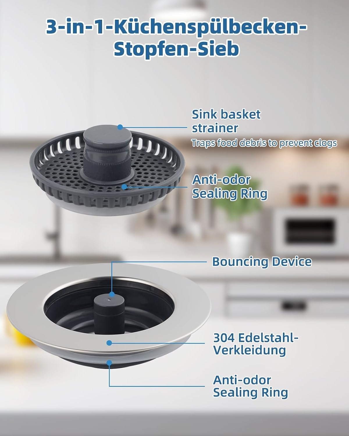 3-in-1 Keukengootsteen Stop voor Gootsteen 75-82mm | RVS & ABS | Stopfunctie, Zeef & Afvalmand