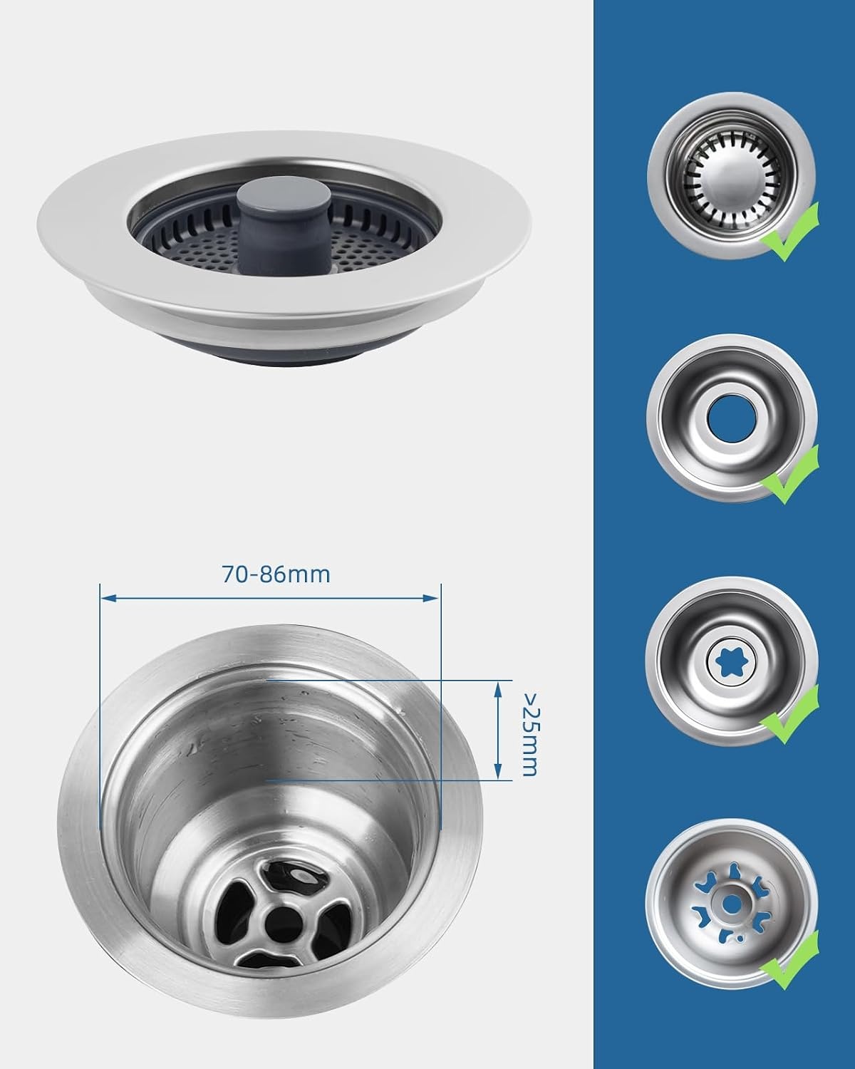 3-in-1 Keukengootsteen Stop voor Gootsteen 75-82mm | RVS & ABS | Stopfunctie, Zeef & Afvalmand