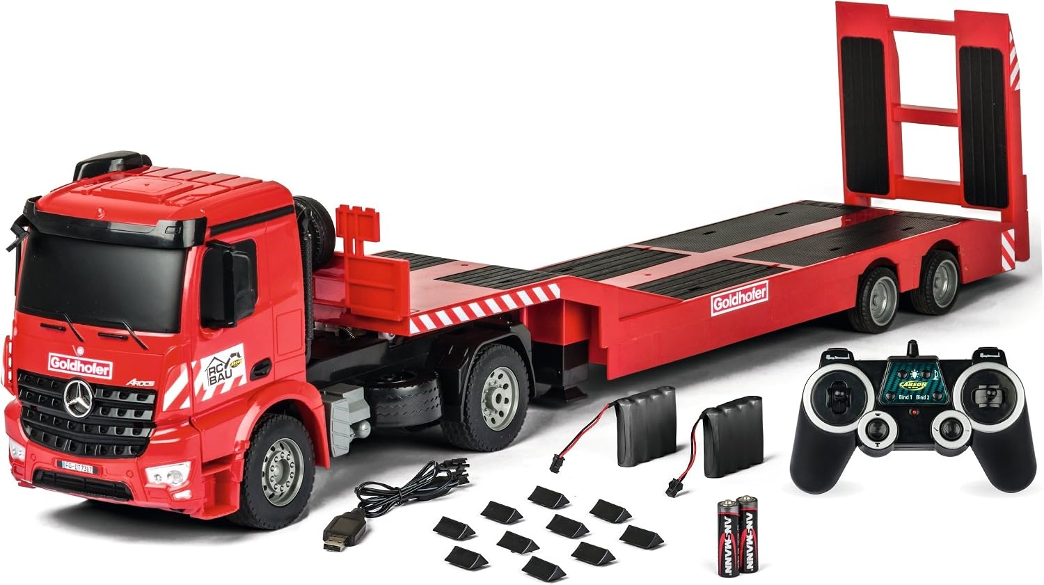 Carson Mercedes-Benz Arocs Goldhofer 2.4G 100% RTR, op afstand bestuurd voertuig, bouwvoertuig met functies licht en geluid, incl. batterijen en afstandsbediening, rood