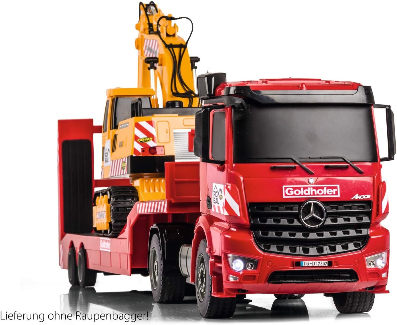 Carson Mercedes-Benz Arocs Goldhofer 2.4G 100% RTR, op afstand bestuurd voertuig, bouwvoertuig met functies licht en geluid, incl. batterijen en afstandsbediening, rood