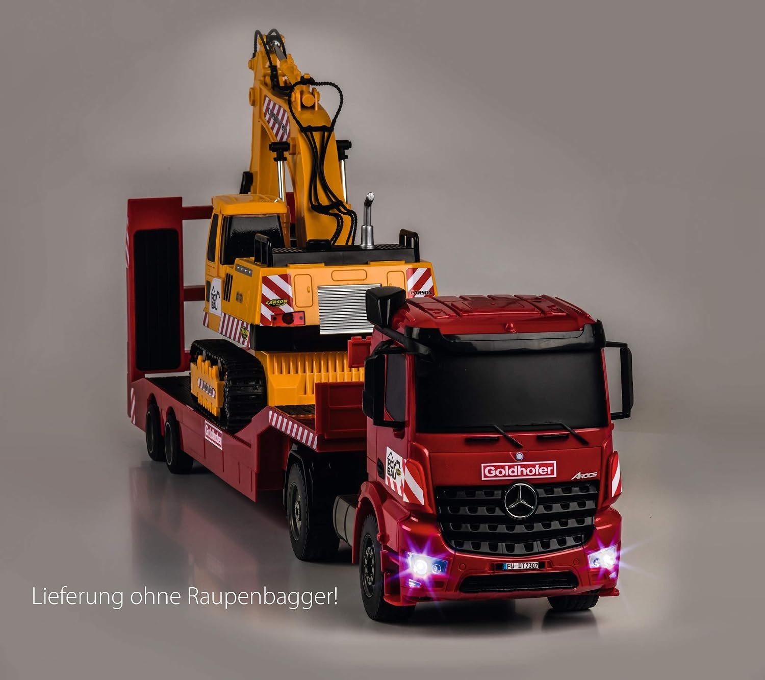 Carson Mercedes-Benz Arocs Goldhofer 2.4G 100% RTR, op afstand bestuurd voertuig, bouwvoertuig met functies licht en geluid, incl. batterijen en afstandsbediening, rood