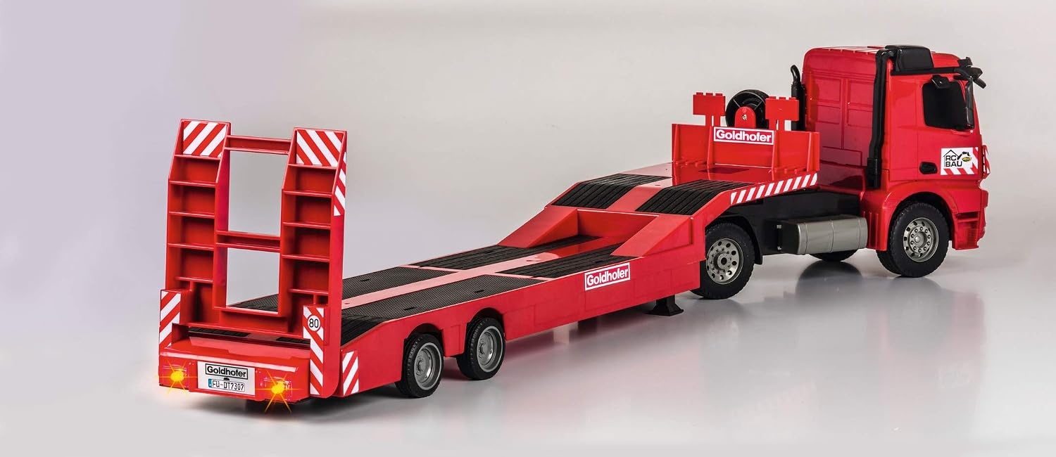 Carson Mercedes-Benz Arocs Goldhofer 2.4G 100% RTR, op afstand bestuurd voertuig, bouwvoertuig met functies licht en geluid, incl. batterijen en afstandsbediening, rood