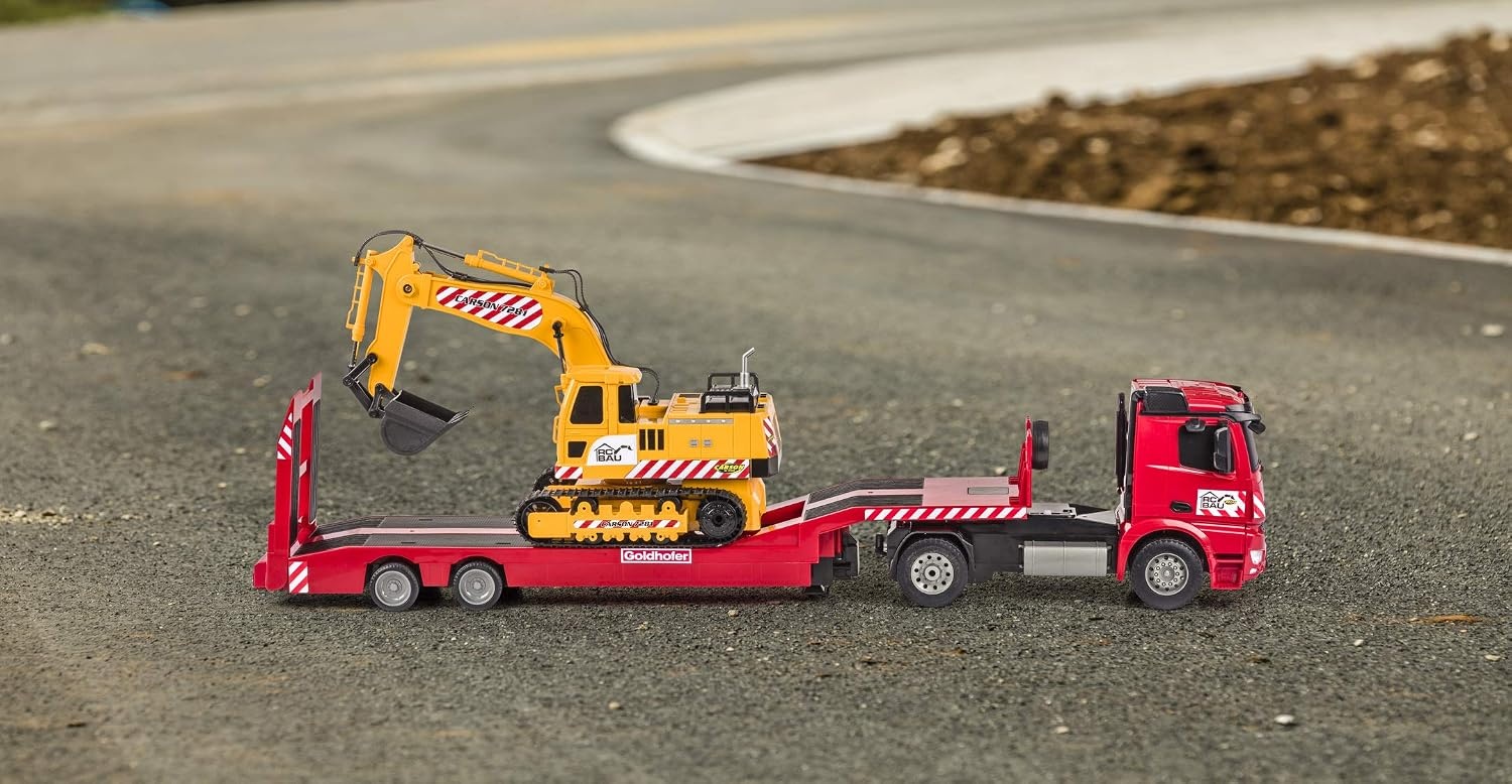 Carson Mercedes-Benz Arocs Goldhofer 2.4G 100% RTR, op afstand bestuurd voertuig, bouwvoertuig met functies licht en geluid, incl. batterijen en afstandsbediening, rood