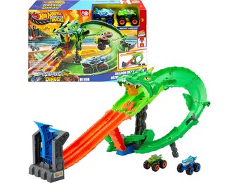 Hot Wheels Monster Trucks Sharks vs. Dino's vernietiging van de draak pistenset met Great Bite en Rageasaur schaal 1:64 om de Zyborg-Nemesis JGB06 te race en te overwinnen
