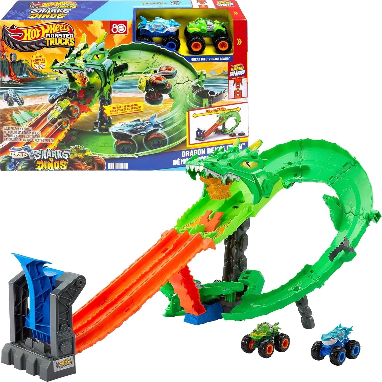 Hot Wheels Monster Trucks Sharks vs. Dino's vernietiging van de draak pistenset met Great Bite en Rageasaur schaal 1:64 om de Zyborg-Nemesis JGB06 te race en te overwinnen