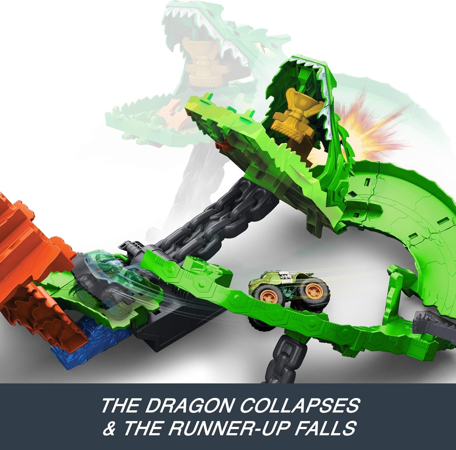 Hot Wheels Monster Trucks Sharks vs. Dino's vernietiging van de draak pistenset met Great Bite en Rageasaur schaal 1:64 om de Zyborg-Nemesis JGB06 te race en te overwinnen