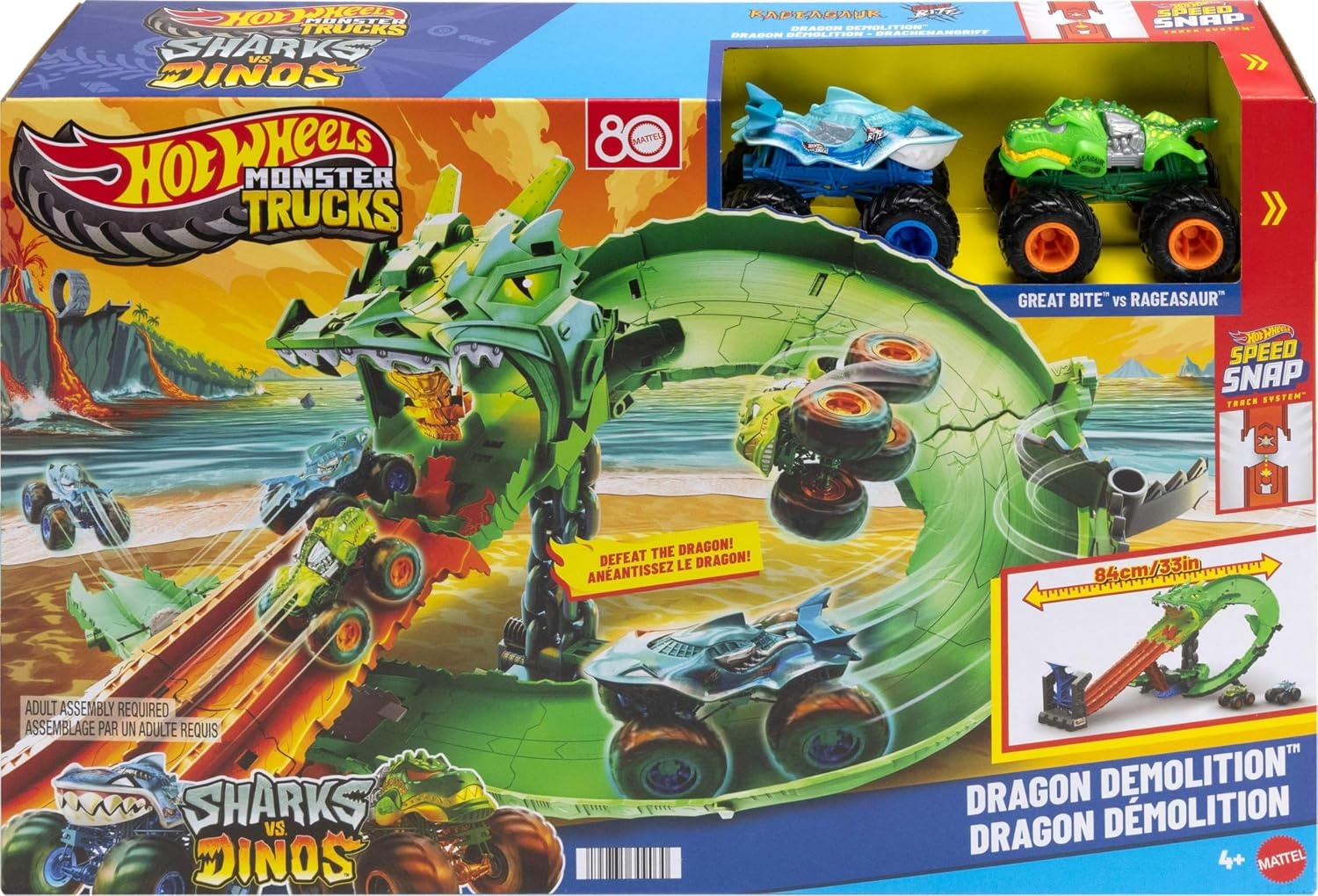 Hot Wheels Monster Trucks Sharks vs. Dino's vernietiging van de draak pistenset met Great Bite en Rageasaur schaal 1:64 om de Zyborg-Nemesis JGB06 te race en te overwinnen