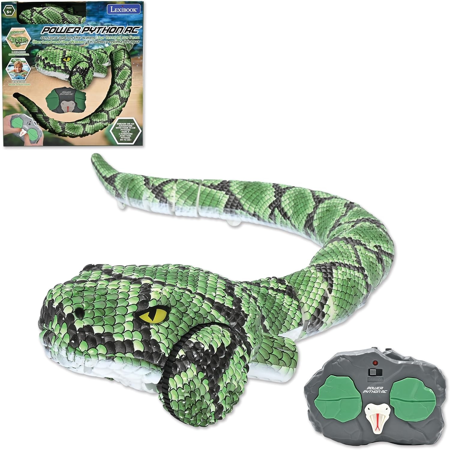 Lexibook, Power Python RC, Telegeleide Python Slang, Beweegt over de grond en in het water met 5 km/u, Land- en Watermodi, Waterdicht, Uitbreidbaar tot 75 cm, Groen, SNAKE01