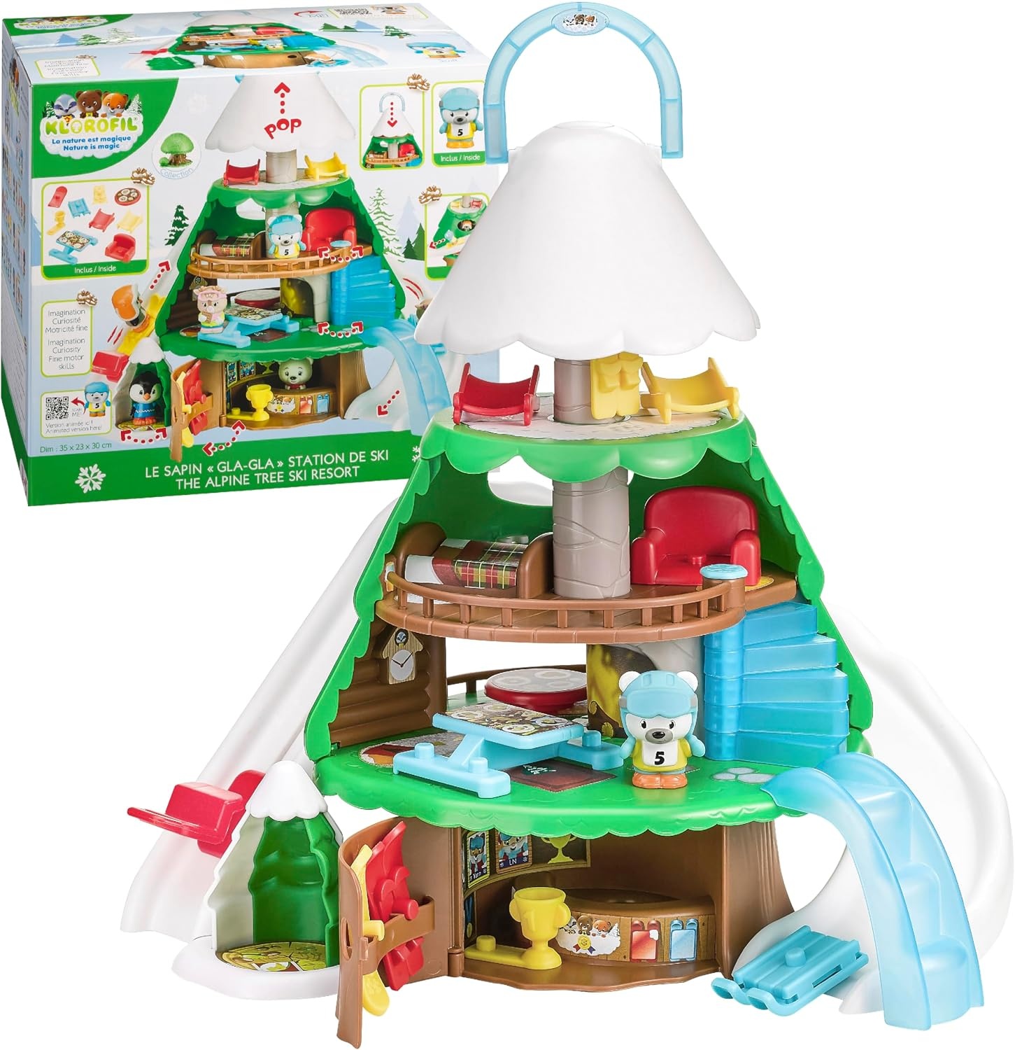 Klorofil - De Gla Resort dennenboom – speelgoed voor kinderen – skigebied – verzint je verhalen – miniatuurwereld – Klorofil universum – 1 figuur en 9 accessoires inbegrepen 700214