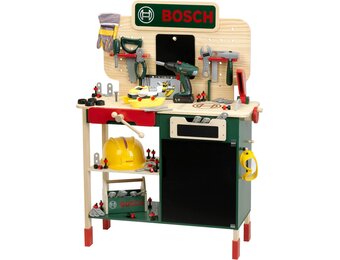 Theo Klein 8734 Bosch houten werkbank I Stevige kinderwerkbank, in hoogte verstelbaar I Elektrische accuboormachine, gereedschap met licht- en geluidseffecten I Speelgoed voor kinderen vanaf 3 jaar