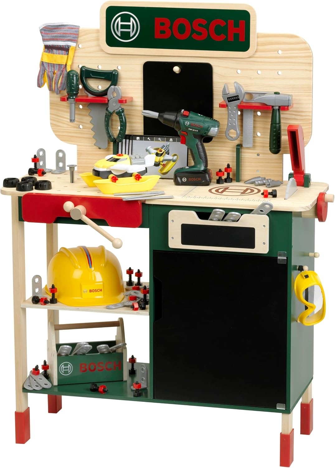 Theo Klein 8734 Bosch houten werkbank I Stevige kinderwerkbank, in hoogte verstelbaar I Elektrische accuboormachine, gereedschap met licht- en geluidseffecten I Speelgoed voor kinderen vanaf 3 jaar
