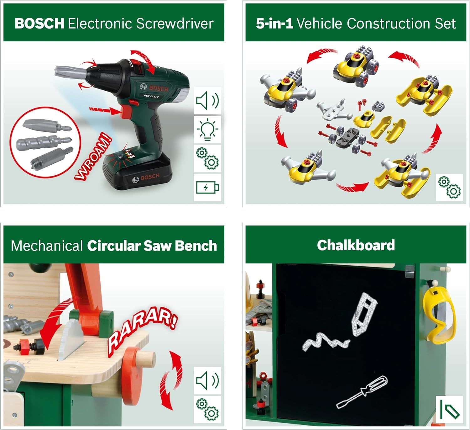 Theo Klein 8734 Bosch houten werkbank I Stevige kinderwerkbank, in hoogte verstelbaar I Elektrische accuboormachine, gereedschap met licht- en geluidseffecten I Speelgoed voor kinderen vanaf 3 jaar