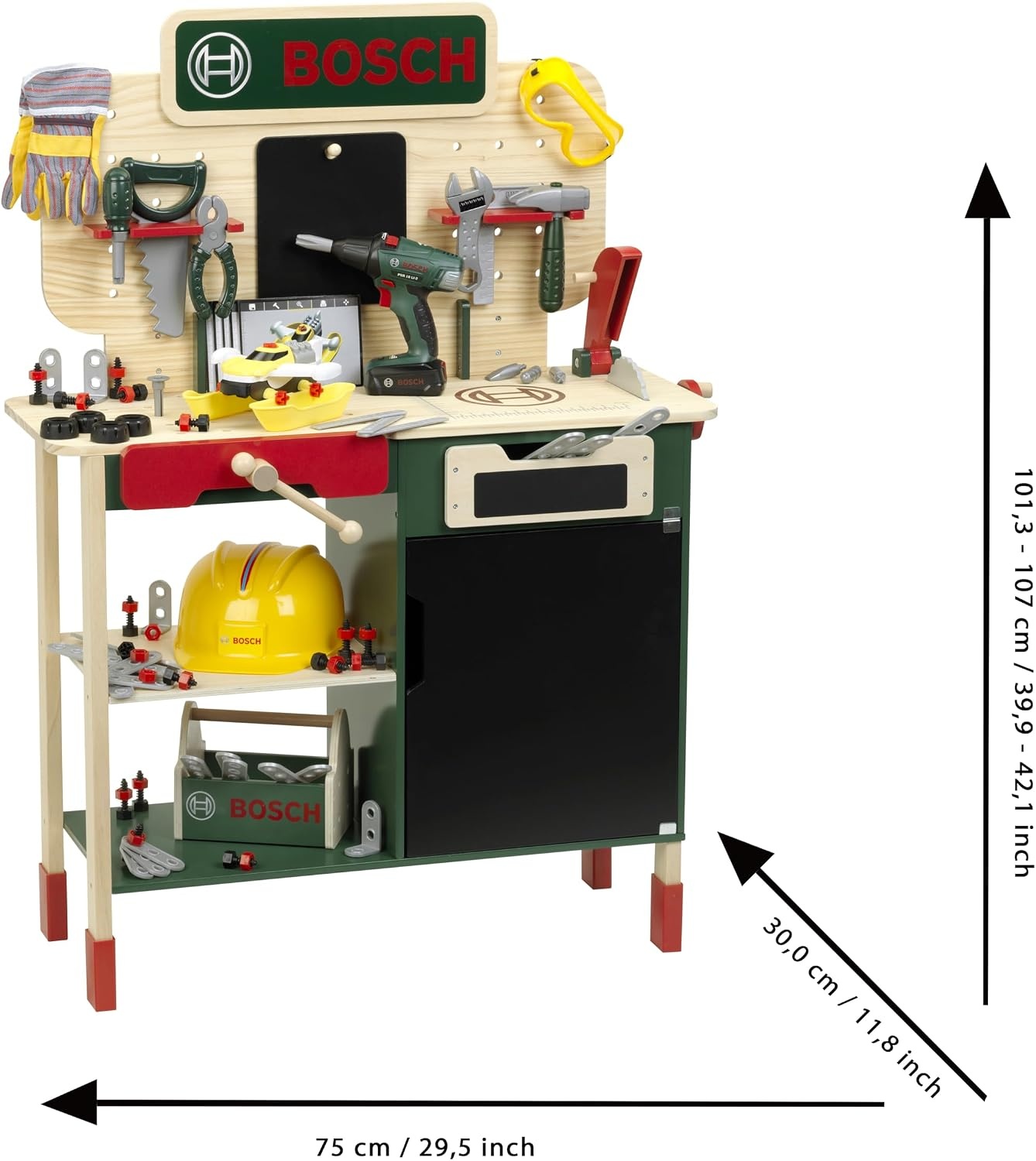 Theo Klein 8734 Bosch houten werkbank I Stevige kinderwerkbank, in hoogte verstelbaar I Elektrische accuboormachine, gereedschap met licht- en geluidseffecten I Speelgoed voor kinderen vanaf 3 jaar