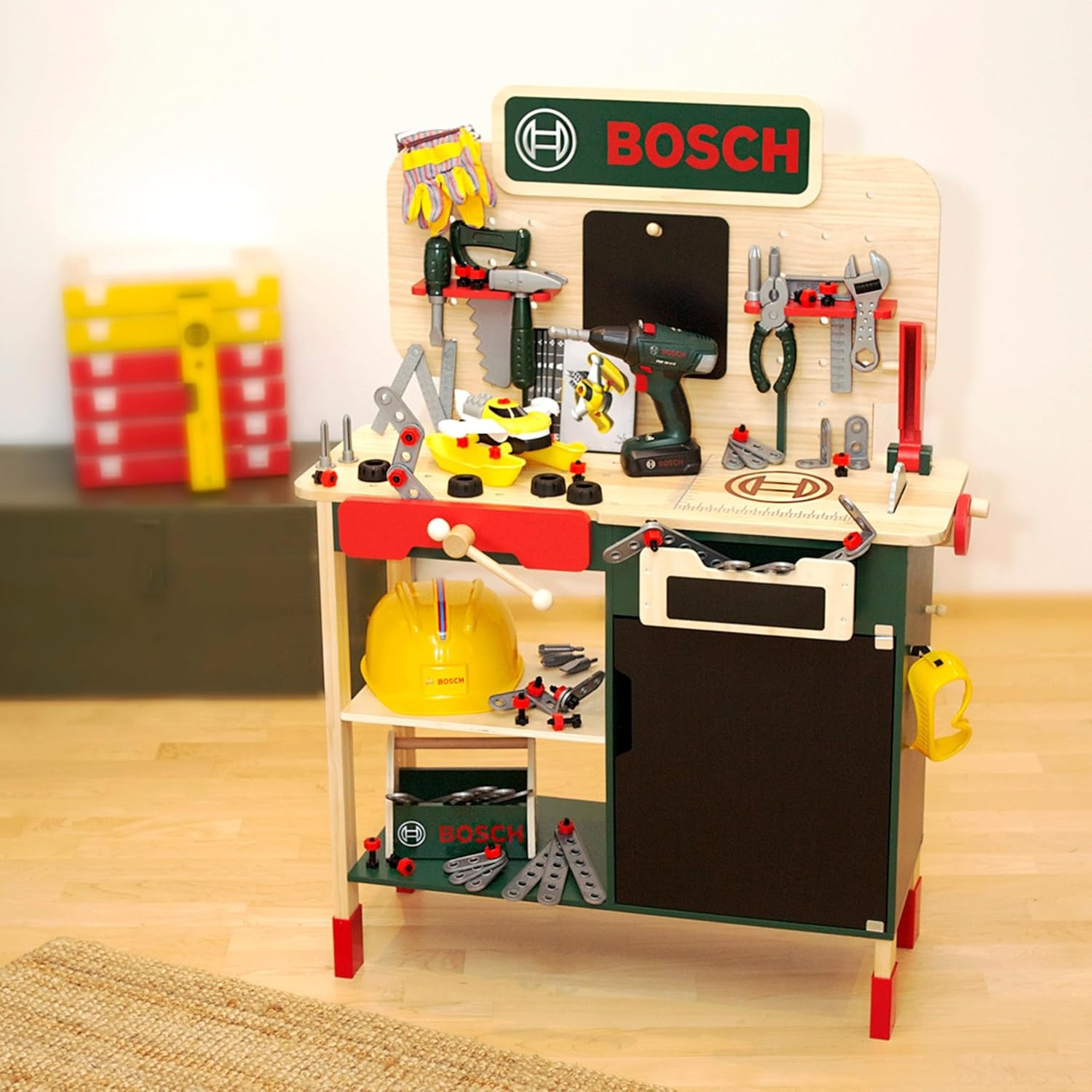 Theo Klein 8734 Bosch houten werkbank I Stevige kinderwerkbank, in hoogte verstelbaar I Elektrische accuboormachine, gereedschap met licht- en geluidseffecten I Speelgoed voor kinderen vanaf 3 jaar