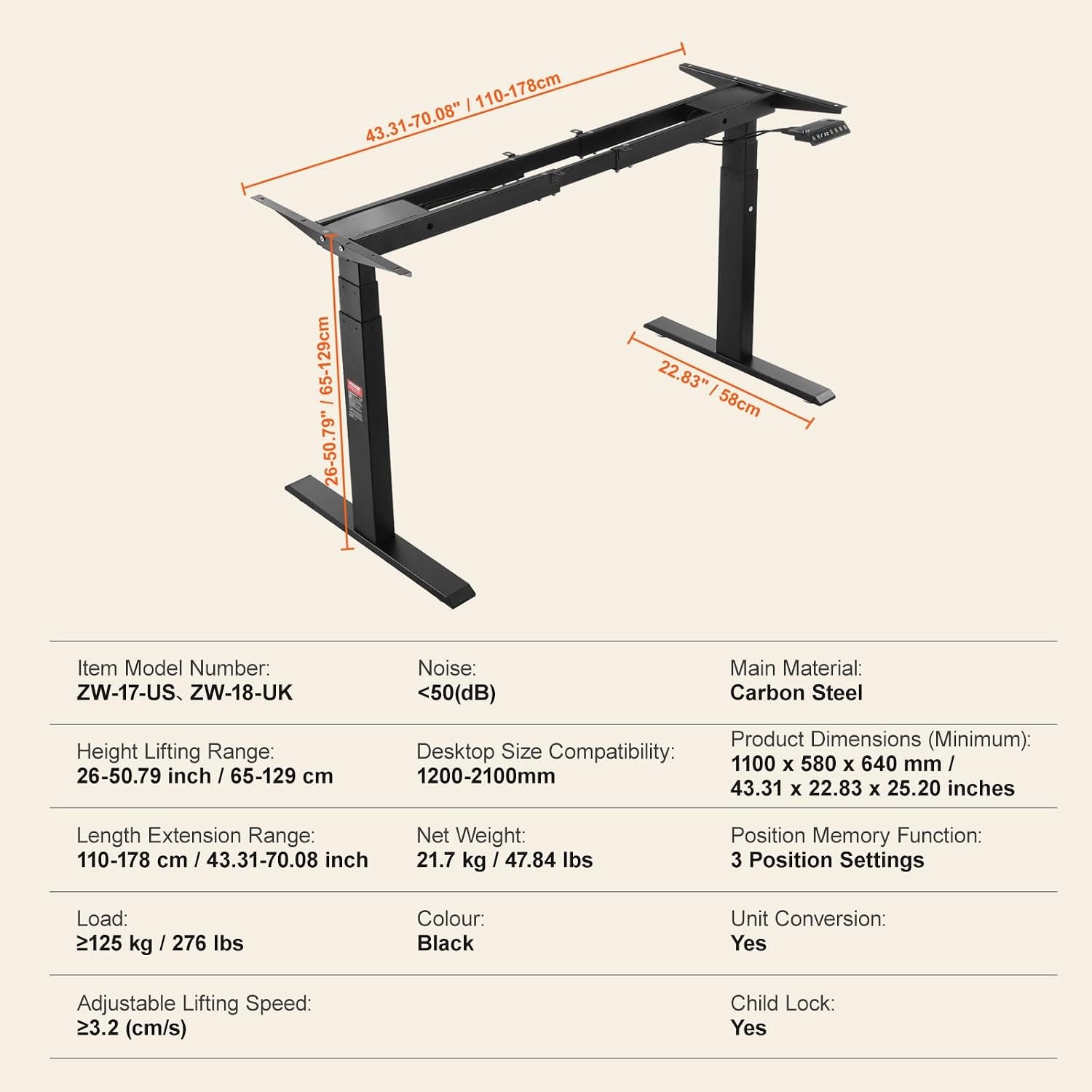 VEVOR Bureauframe met dubbele motor, instelbare hoogte 65-129 cm en lengte 110-178 cm, elektrisch tafelframe, ergonomische werkstationbasis, 3 standen (alleen zwart frame)