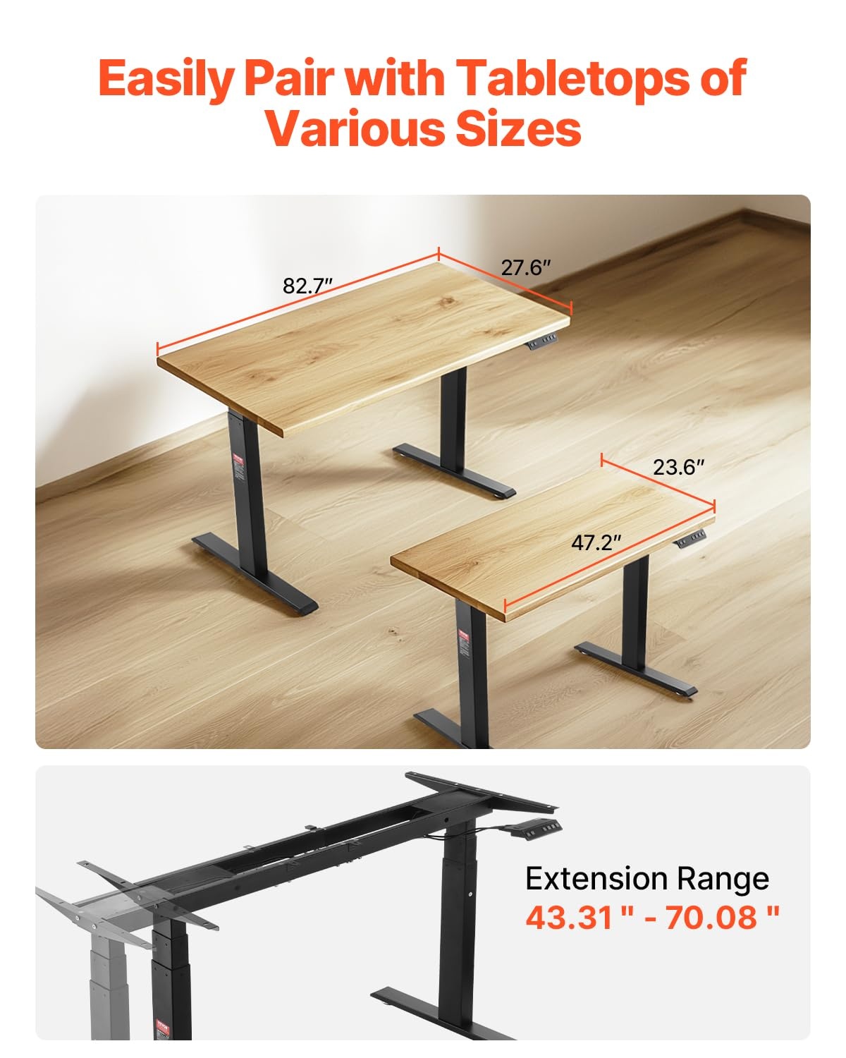 VEVOR Bureauframe met dubbele motor, instelbare hoogte 65-129 cm en lengte 110-178 cm, elektrisch tafelframe, ergonomische werkstationbasis, 3 standen (alleen zwart frame)