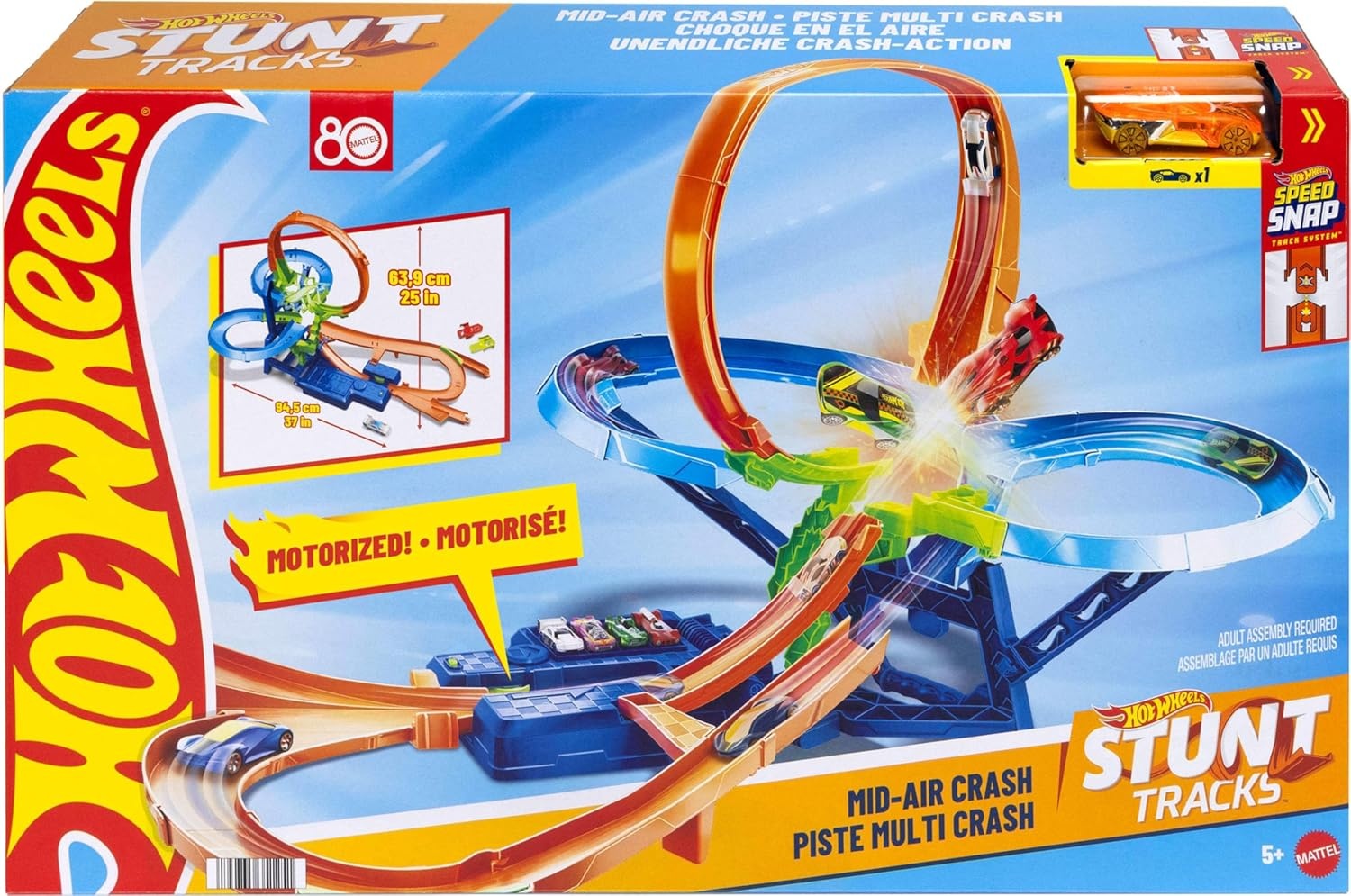 Hot Wheels JKJ78 Speelgoedauto-trackset, stunttrack oneindige crash-actie met die-cast-speelgoedauto in schaal 1:64 en batterij-aangedreven versneller voor eindeloze stunts en races