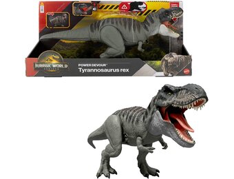 Mattel Jurassic World Rebirth Power Devour T. rex-figuur | T-Rex dinosaurusfiguur met continue beet via tong, licht & geluid, digitale app-play, JGB50