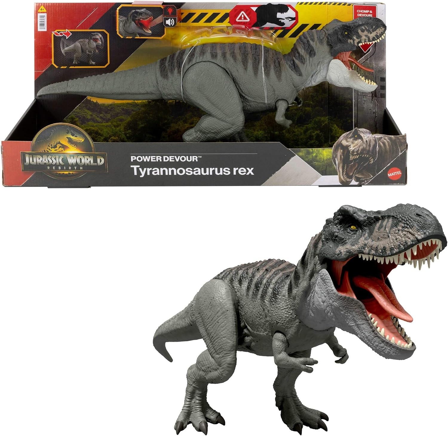 Mattel Jurassic World Rebirth Power Devour T. rex-figuur | T-Rex dinosaurusfiguur met continue beet via tong, licht & geluid, digitale app-play, JGB50