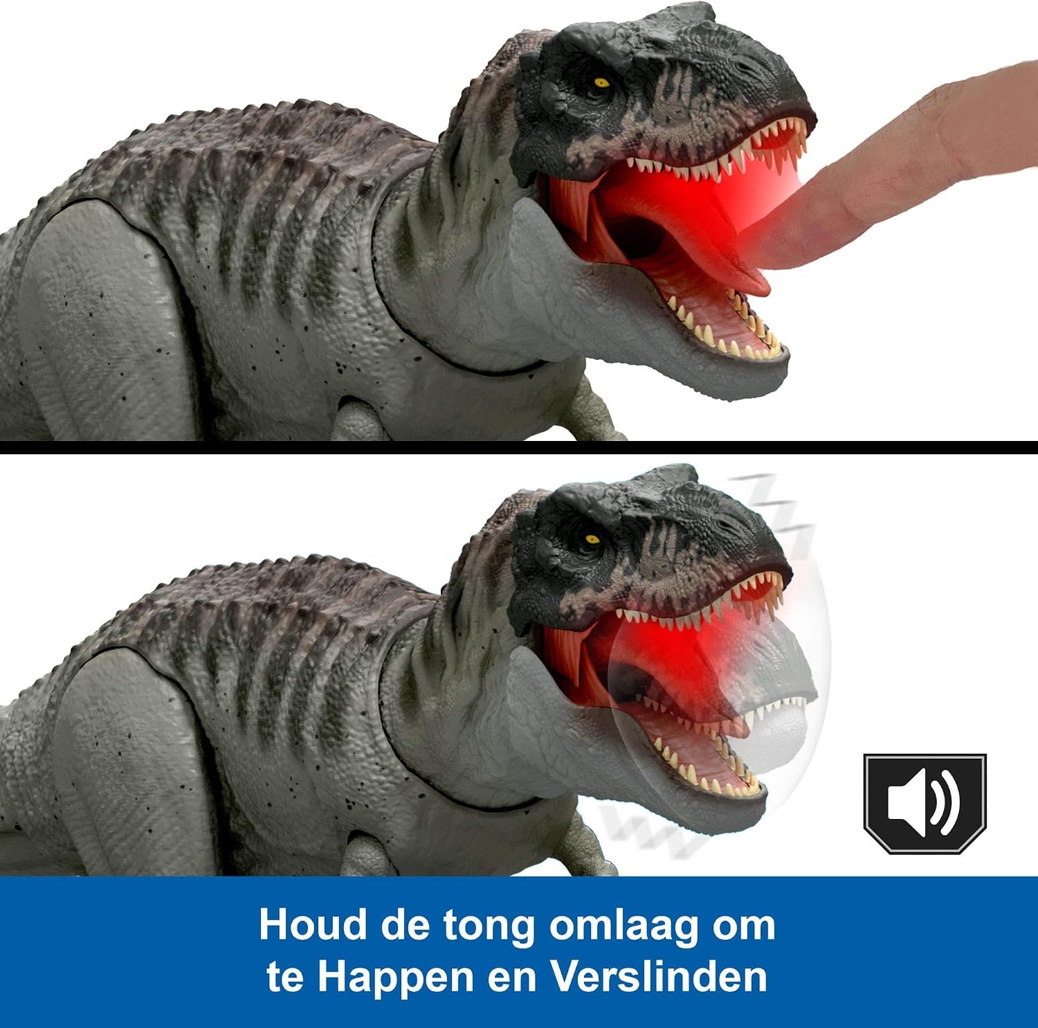 Mattel Jurassic World Rebirth Power Devour T. rex-figuur | T-Rex dinosaurusfiguur met continue beet via tong, licht & geluid, digitale app-play, JGB50