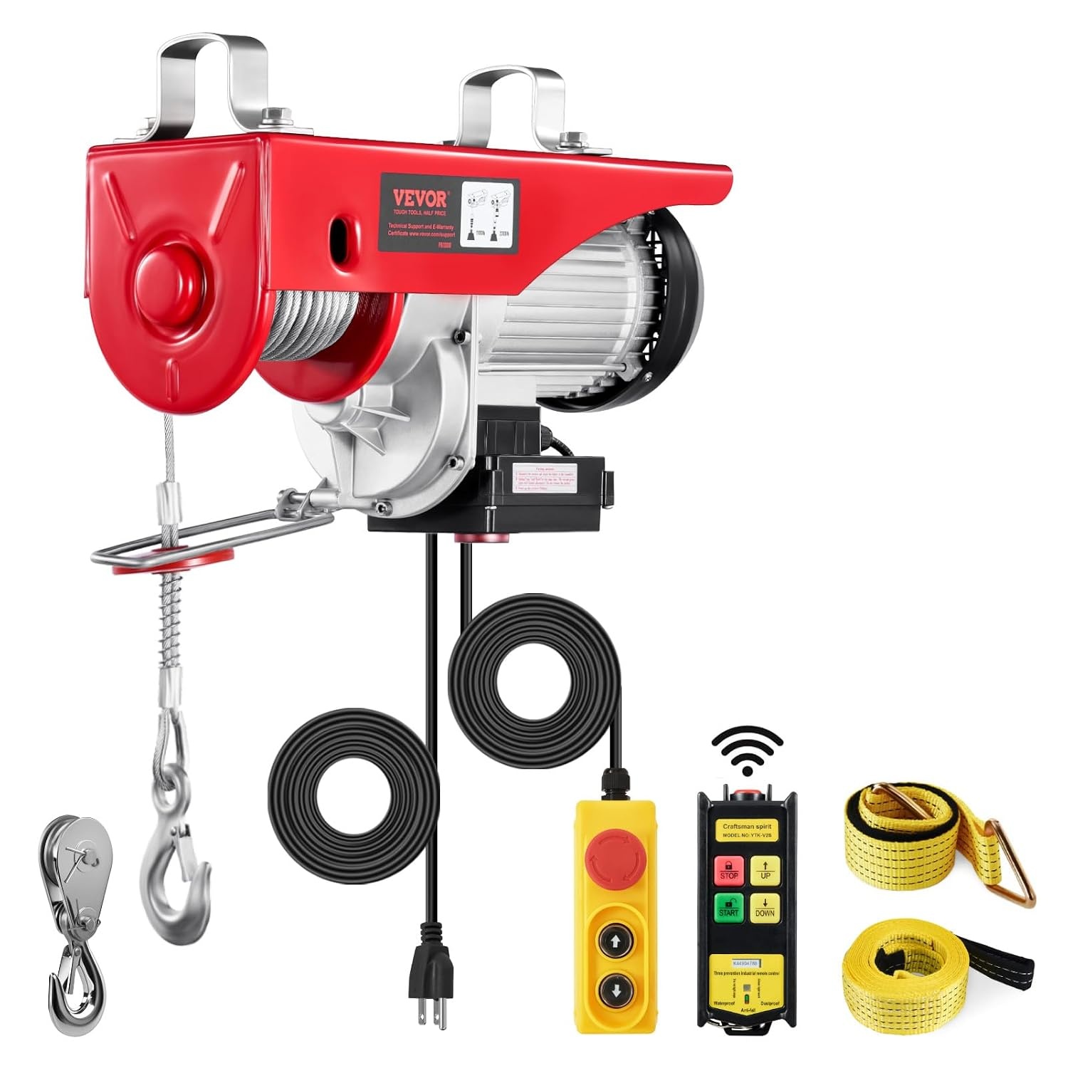 VEVOR Elektrische hendel, dubbele kabel, max. belasting 1000 kg, kabelafstandsbediening 4,2 m, hoogte enkele kabel 12 m, katrol noodstop, krik voor garage, magazijn, fabriek
