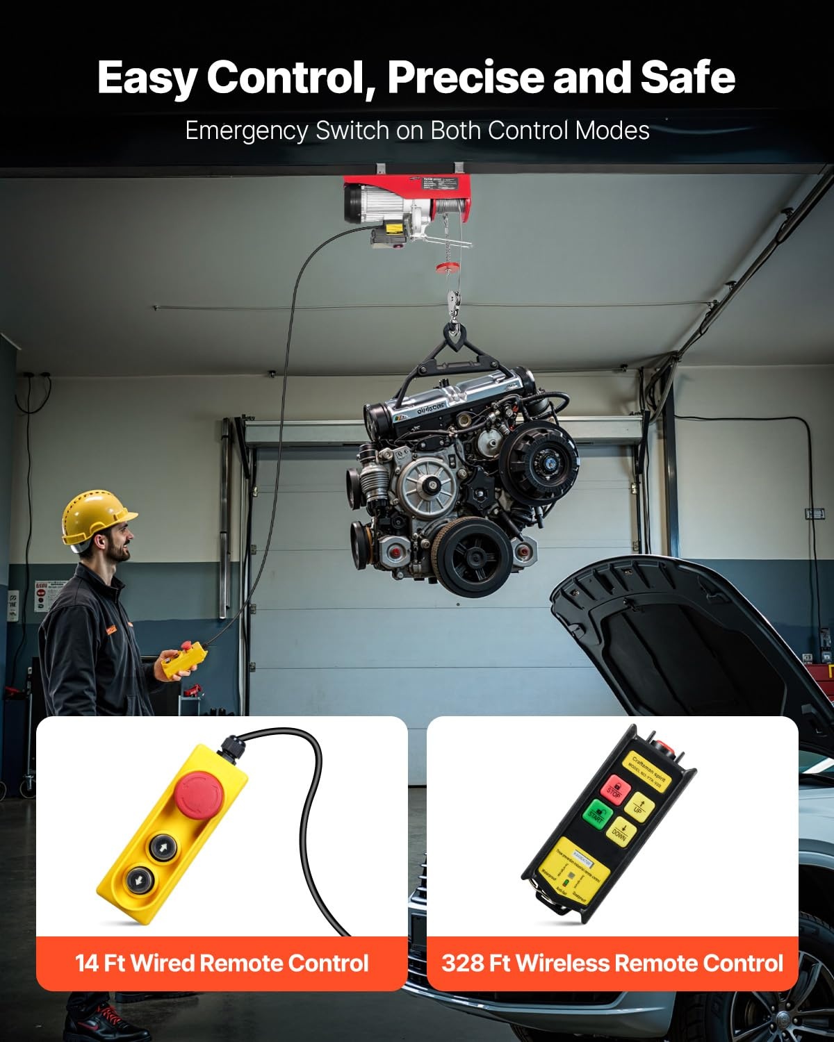 VEVOR Elektrische hendel, dubbele kabel, max. belasting 1000 kg, kabelafstandsbediening 4,2 m, hoogte enkele kabel 12 m, katrol noodstop, krik voor garage, magazijn, fabriek
