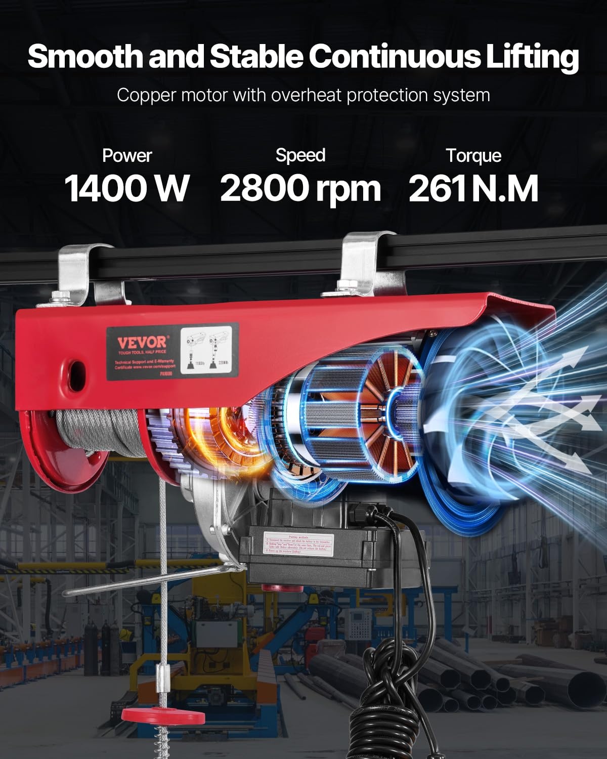 VEVOR Elektrische hendel, dubbele kabel, max. belasting 1000 kg, kabelafstandsbediening 4,2 m, hoogte enkele kabel 12 m, katrol noodstop, krik voor garage, magazijn, fabriek