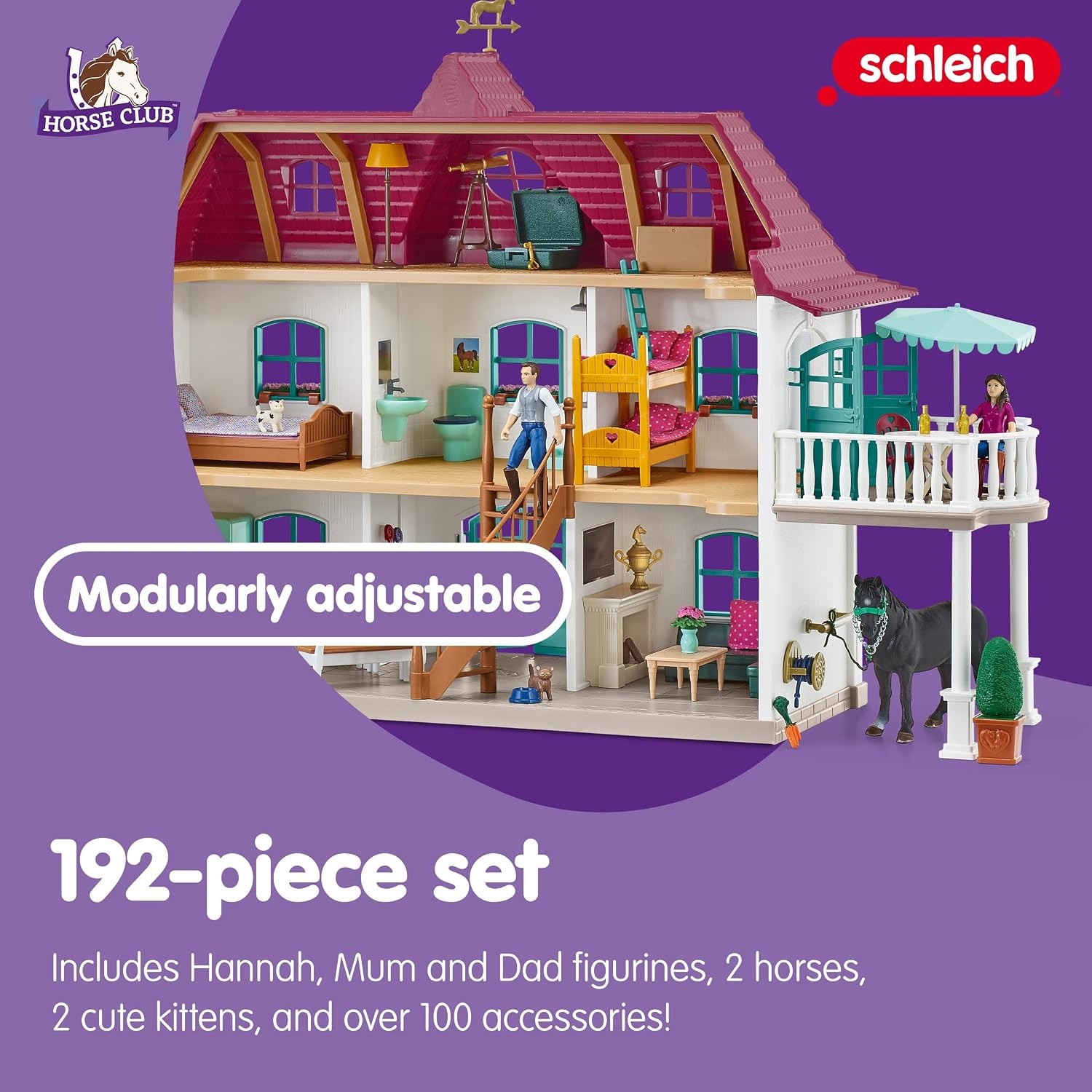 schleich HORSE CLUB | Paardenboerderij Lakeside 42551 | Set met huis, stal, 2 paarden, Hannah, haar ouders en accessoires | cadeau voor kinderen | paardenspeelgoed vanaf 5 jaar | 192-delig set