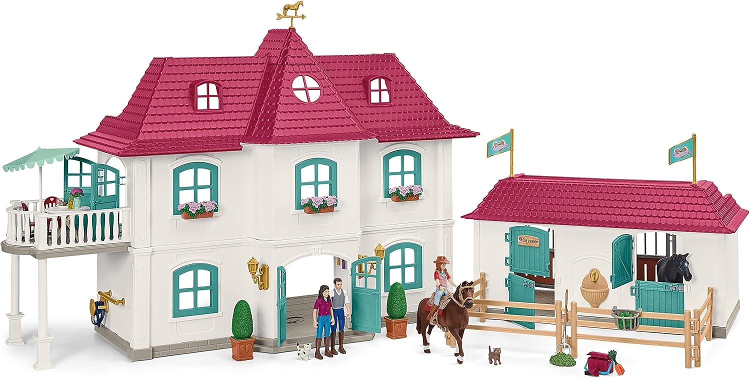 schleich HORSE CLUB | Paardenboerderij Lakeside 42551 | Set met huis, stal, 2 paarden, Hannah, haar ouders en accessoires | cadeau voor kinderen | paardenspeelgoed vanaf 5 jaar | 192-delig set