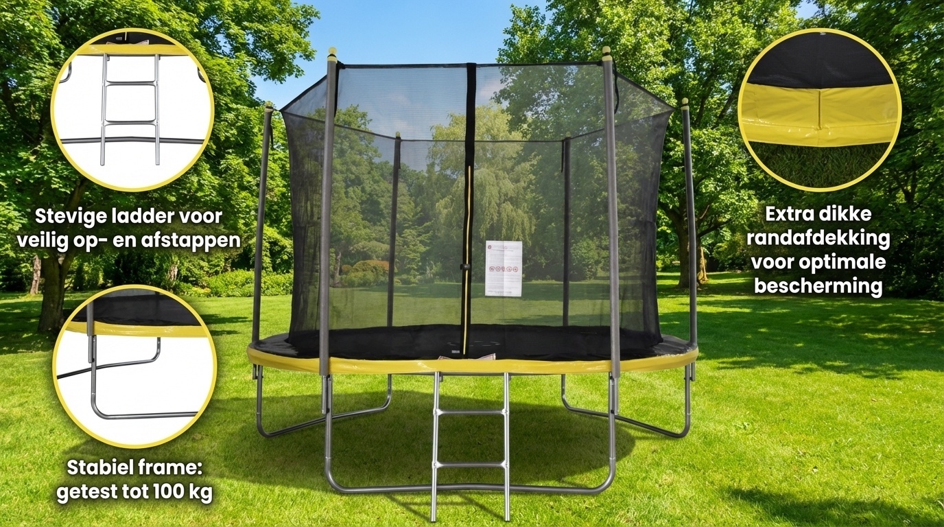 Trampoline 305 cm Geel/Zwart met Net & Ladder - 35% Korting!