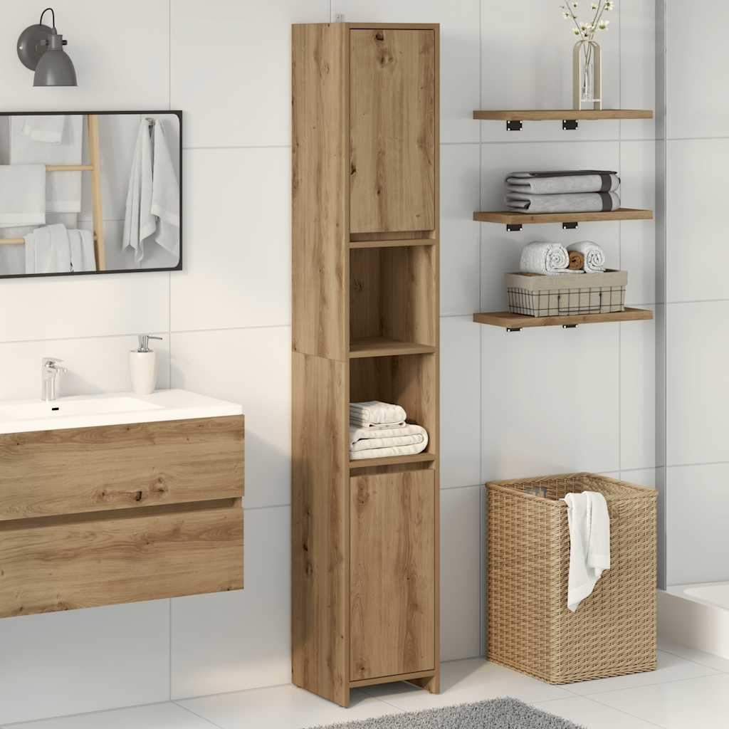 Badkamerkast Hout met 6 Vakken en Deuren - 30x30x183,5 cm - Artisanaal Eiken - 35% Korting